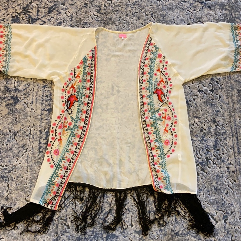Fringe embroidered kimono